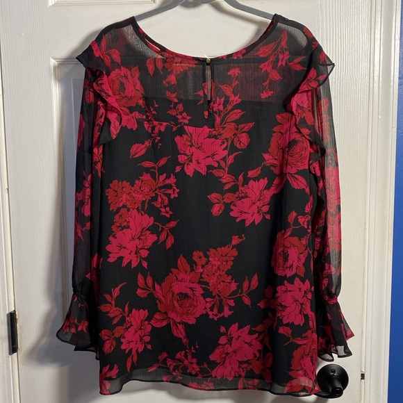 Roz & Ali Long Sleeve Ruffle Floral Blouse, 2X - Picture 2 of 10